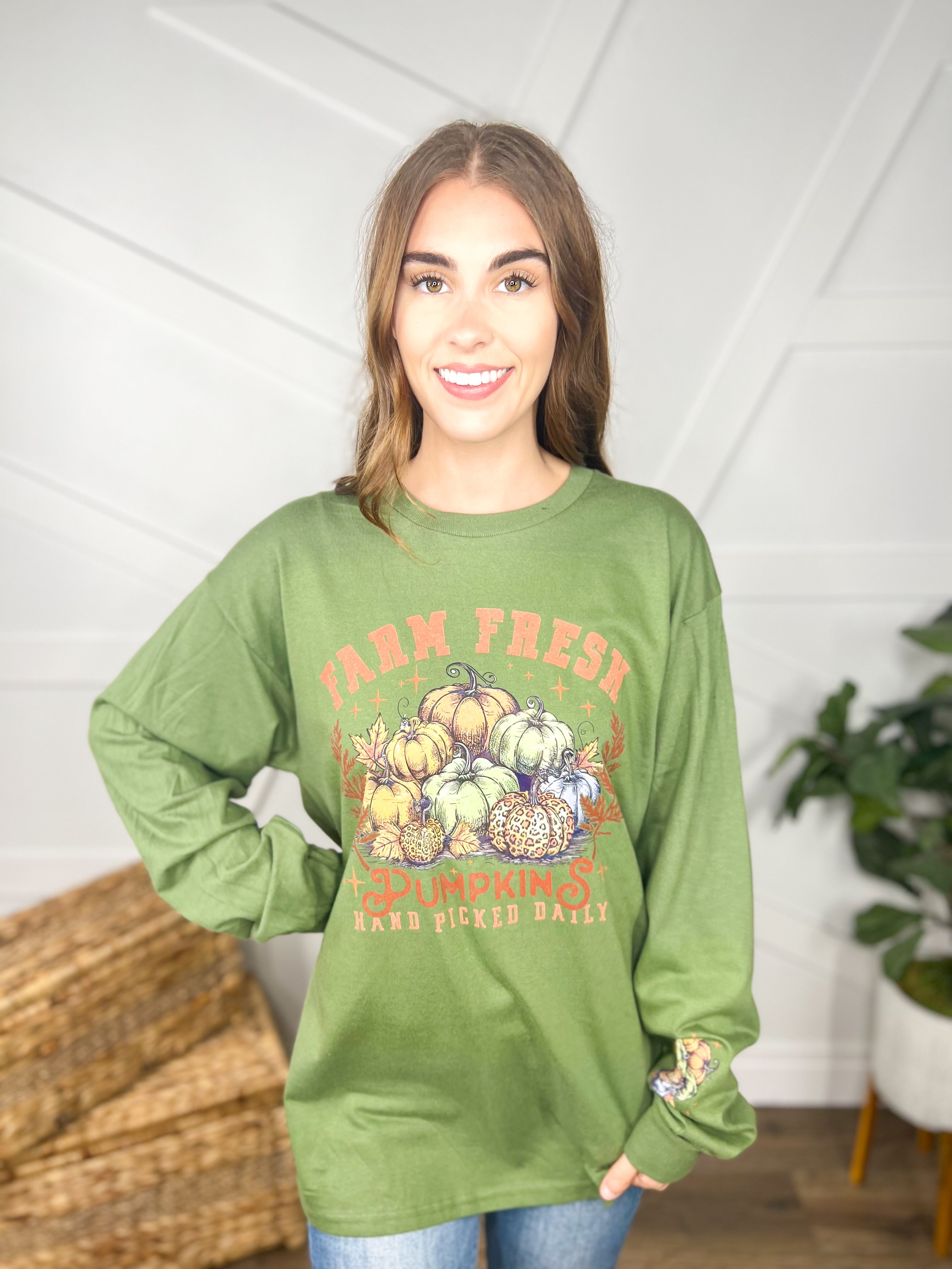 Farm Fresh Pumpkins Graphic Long Sleeve-120 Long Sleeve Tops-Heathered Boho-Heathered Boho Boutique, Women's Fashion and Accessories in Palmetto, FL