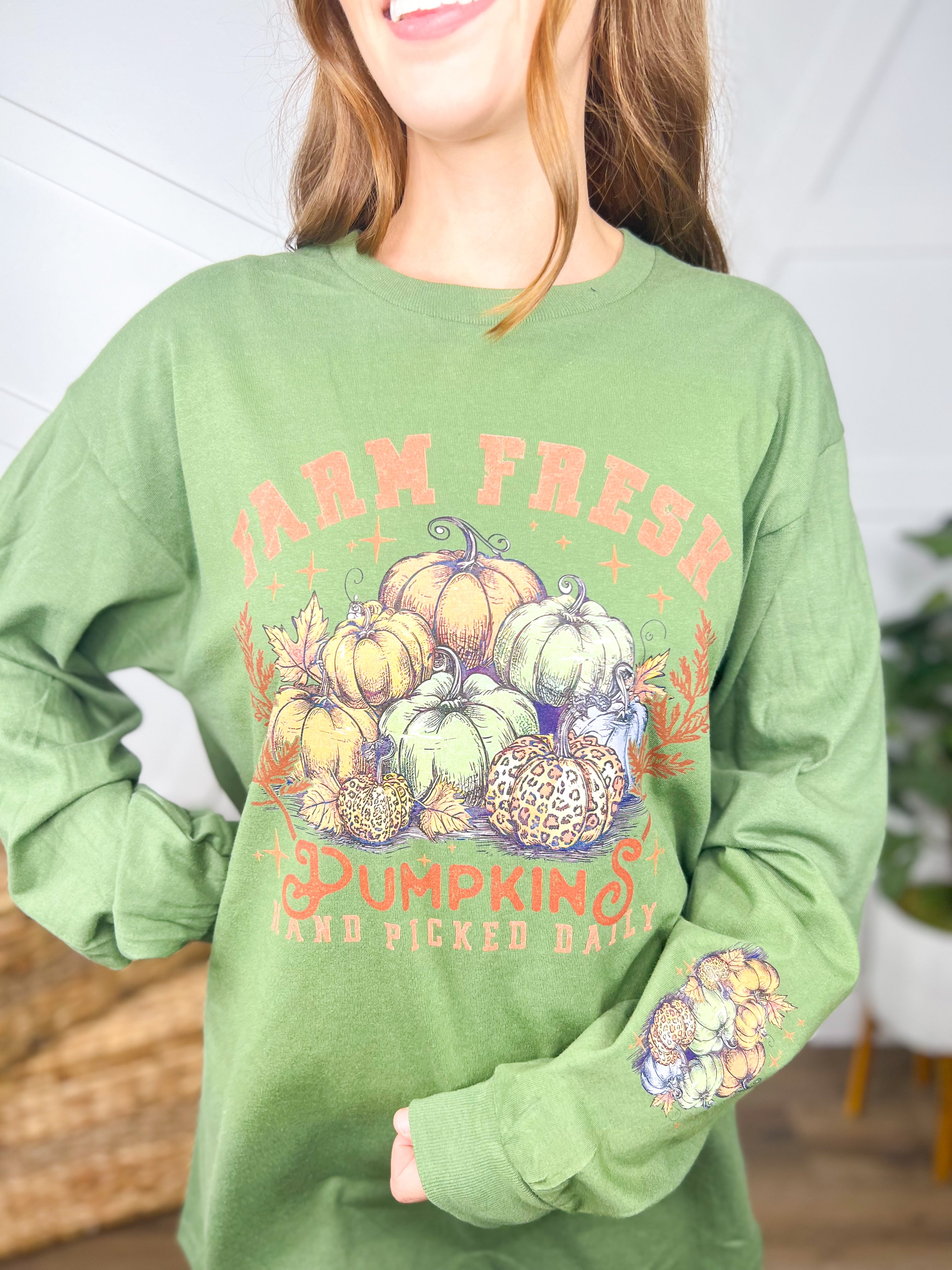 Farm Fresh Pumpkins Graphic Long Sleeve-120 Long Sleeve Tops-Heathered Boho-Heathered Boho Boutique, Women's Fashion and Accessories in Palmetto, FL