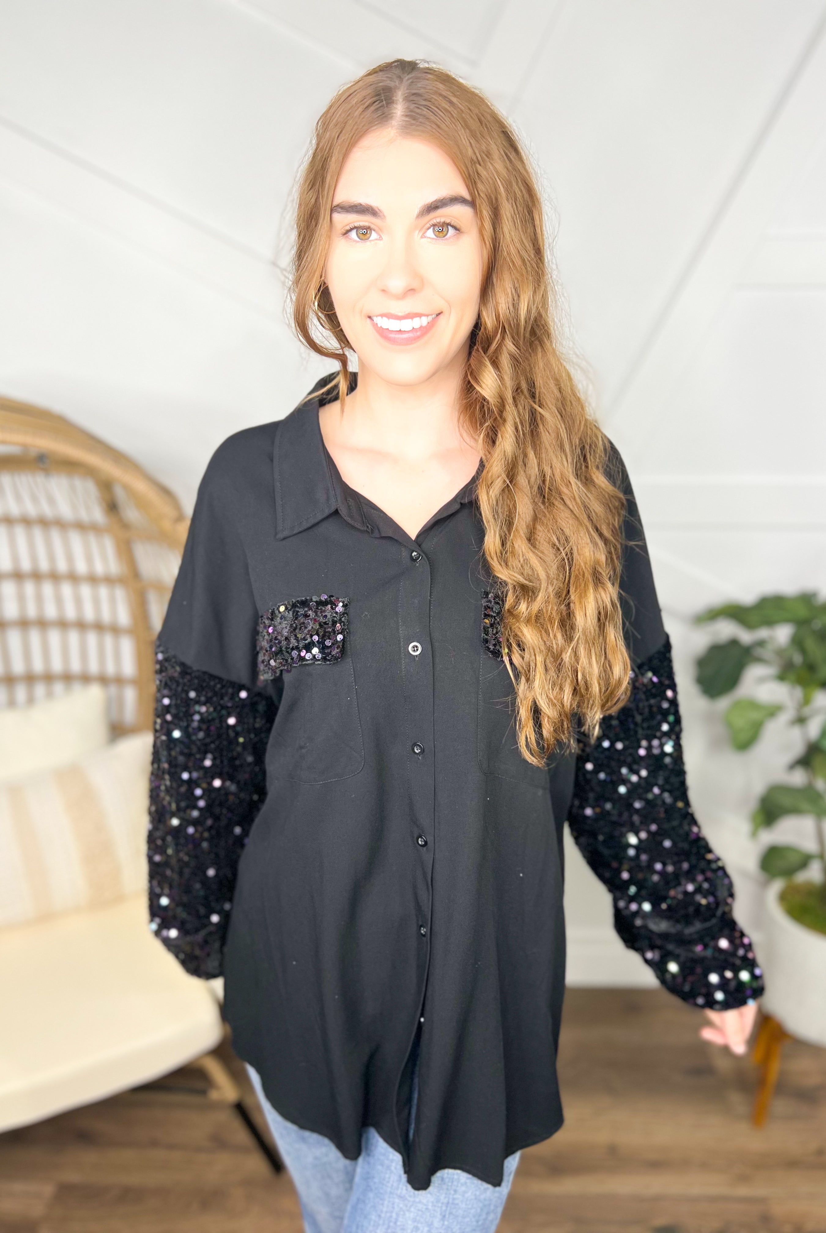 Let It Sparkle Button Down-120 Long Sleeve Tops-White Birch-Heathered Boho Boutique, Women's Fashion and Accessories in Palmetto, FL