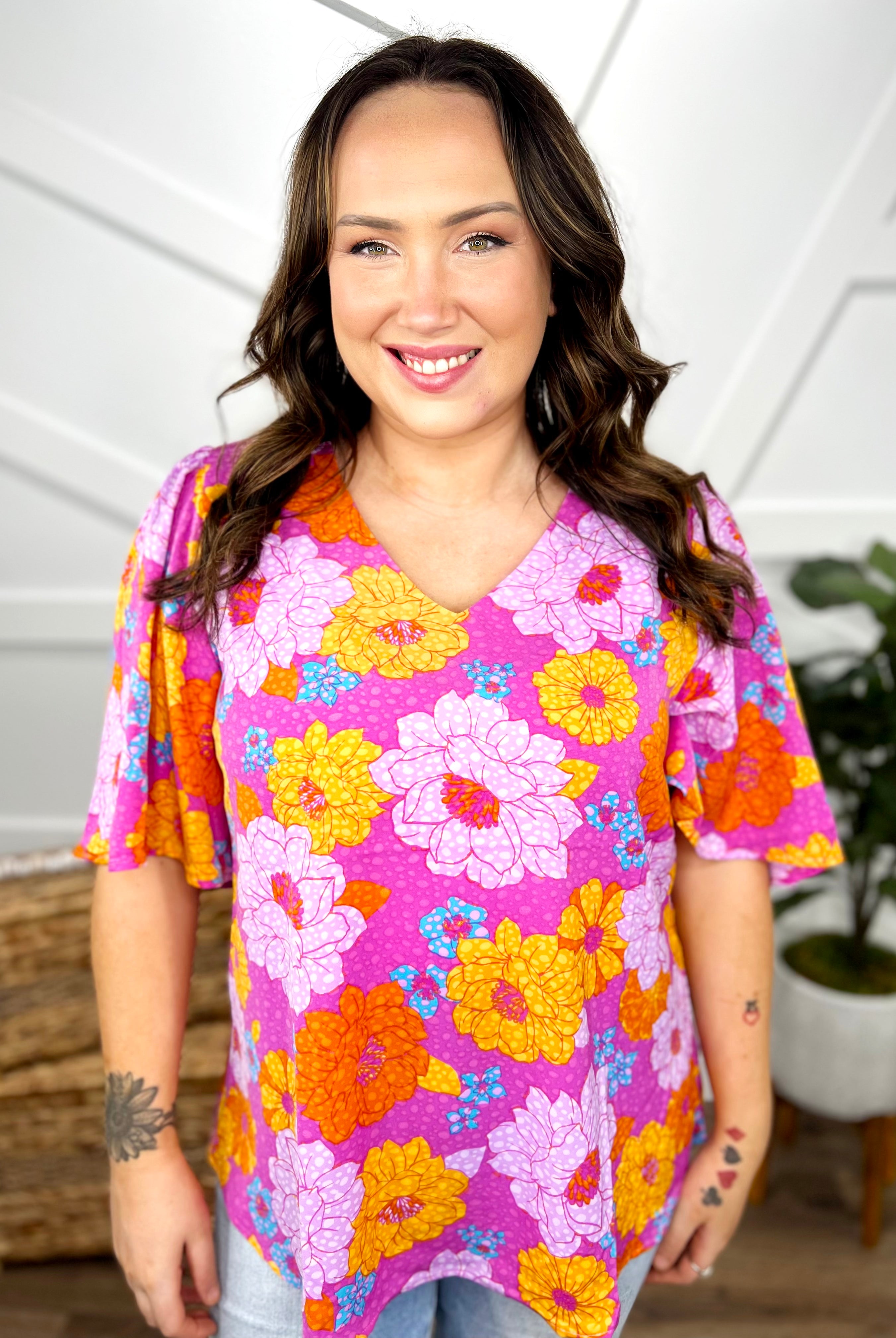 Vibrant Florals Top-110 Short Sleeve Top-Andree by Unit-Heathered Boho Boutique, Women's Fashion and Accessories in Palmetto, FL