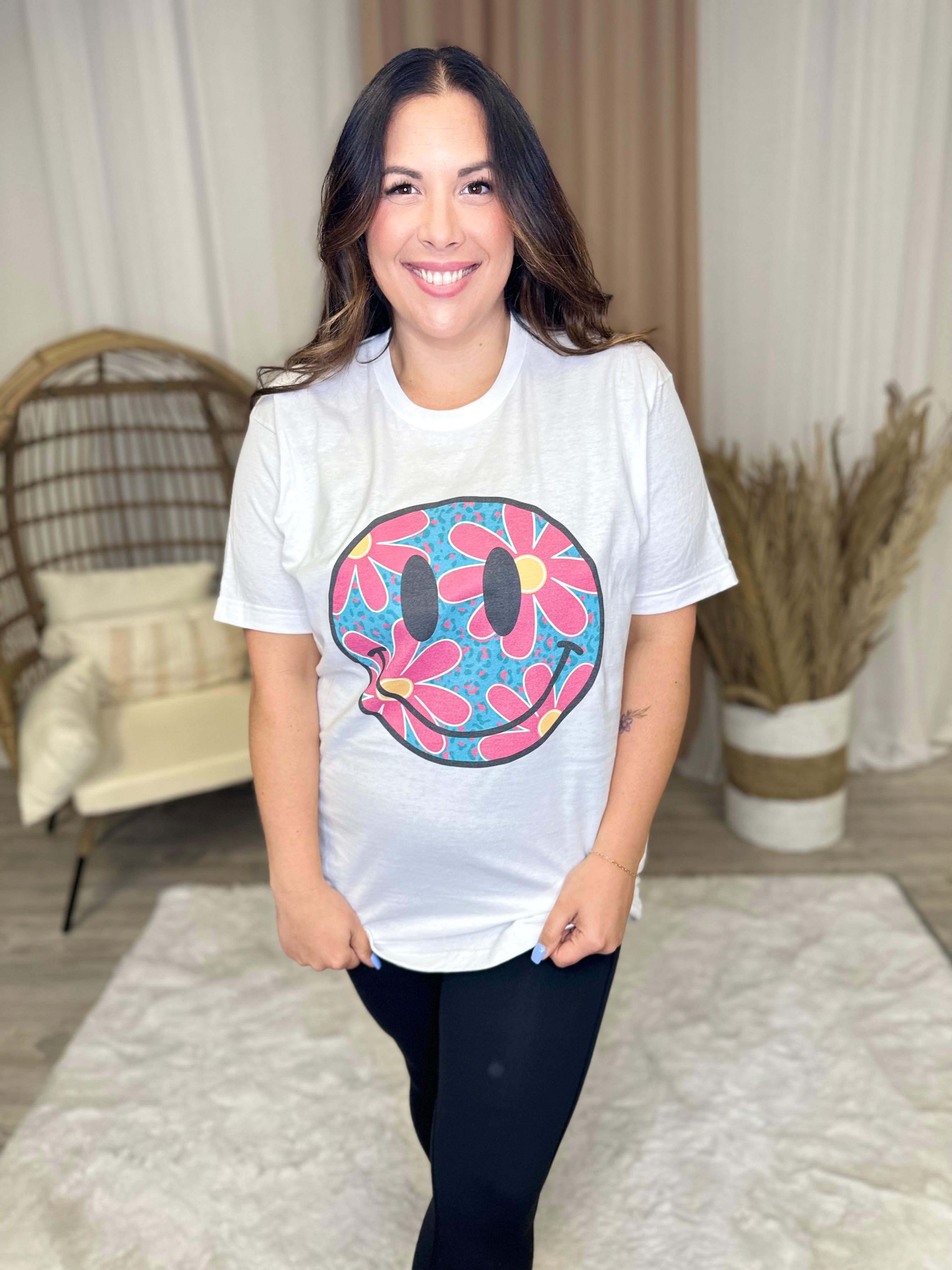 Pink Daisy Smiley Graphic Tee-130 Graphic Tees-Heathered Boho-Heathered Boho Boutique, Women's Fashion and Accessories in Palmetto, FL