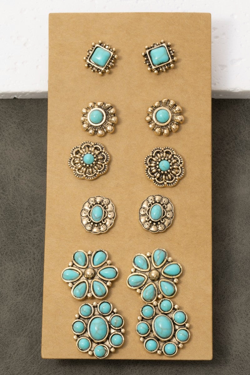 Multi Turquoise Stone Concho Earrings Set-310 Jewelry-Fame Accessories-Heathered Boho Boutique, Women's Fashion and Accessories in Palmetto, FL