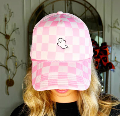 Pink Checkered Ghost Hat-330 Headwear-Poppy & Pine-Heathered Boho Boutique, Women's Fashion and Accessories in Palmetto, FL