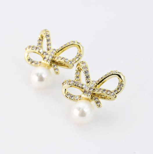 Crystal Ribbon Pearl Studs-310 Jewelry-Treasure Jewels-Heathered Boho Boutique, Women's Fashion and Accessories in Palmetto, FL