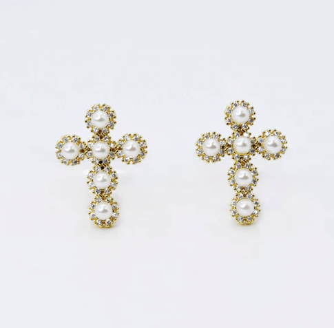 Serenity Pearl Cross Earrings-310 Jewelry-Treasure Jewels-Heathered Boho Boutique, Women's Fashion and Accessories in Palmetto, FL