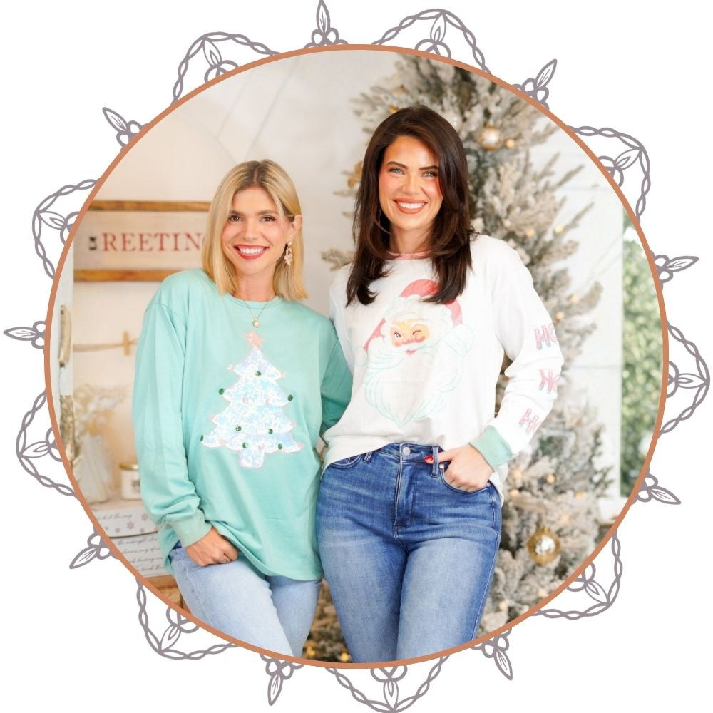 Three women wearing colorful holiday themed shirts in a circular frame