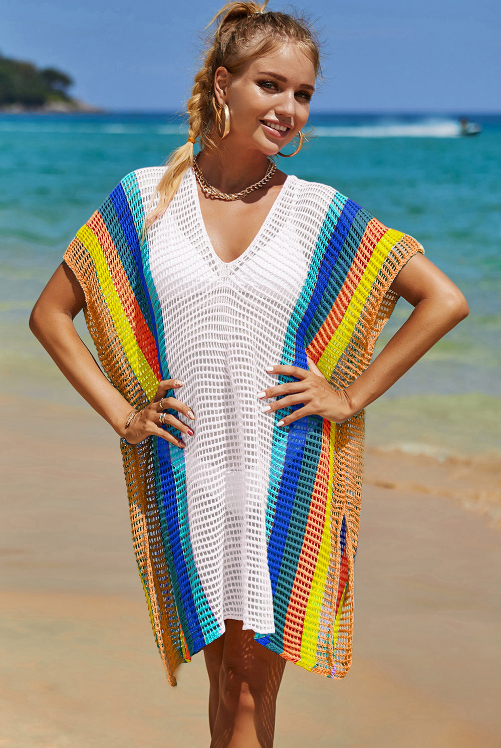 Openwork Striped Slit Knit Cover Up-220 Cardigans/ Kimonos-Trendsi-Heathered Boho Boutique, Women's Fashion and Accessories in Palmetto, FL