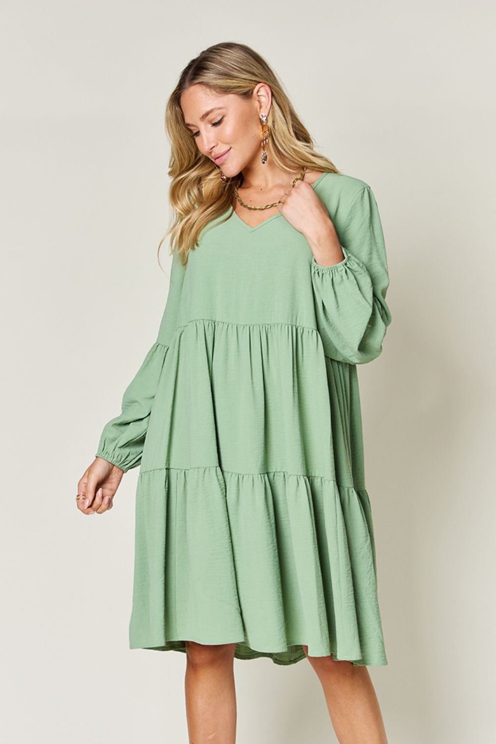 Double Take Full Size V-Neck Balloon Sleeve Tiered Dress-Dresses-Trendsi-Heathered Boho Boutique, Women's Fashion and Accessories in Palmetto, FL