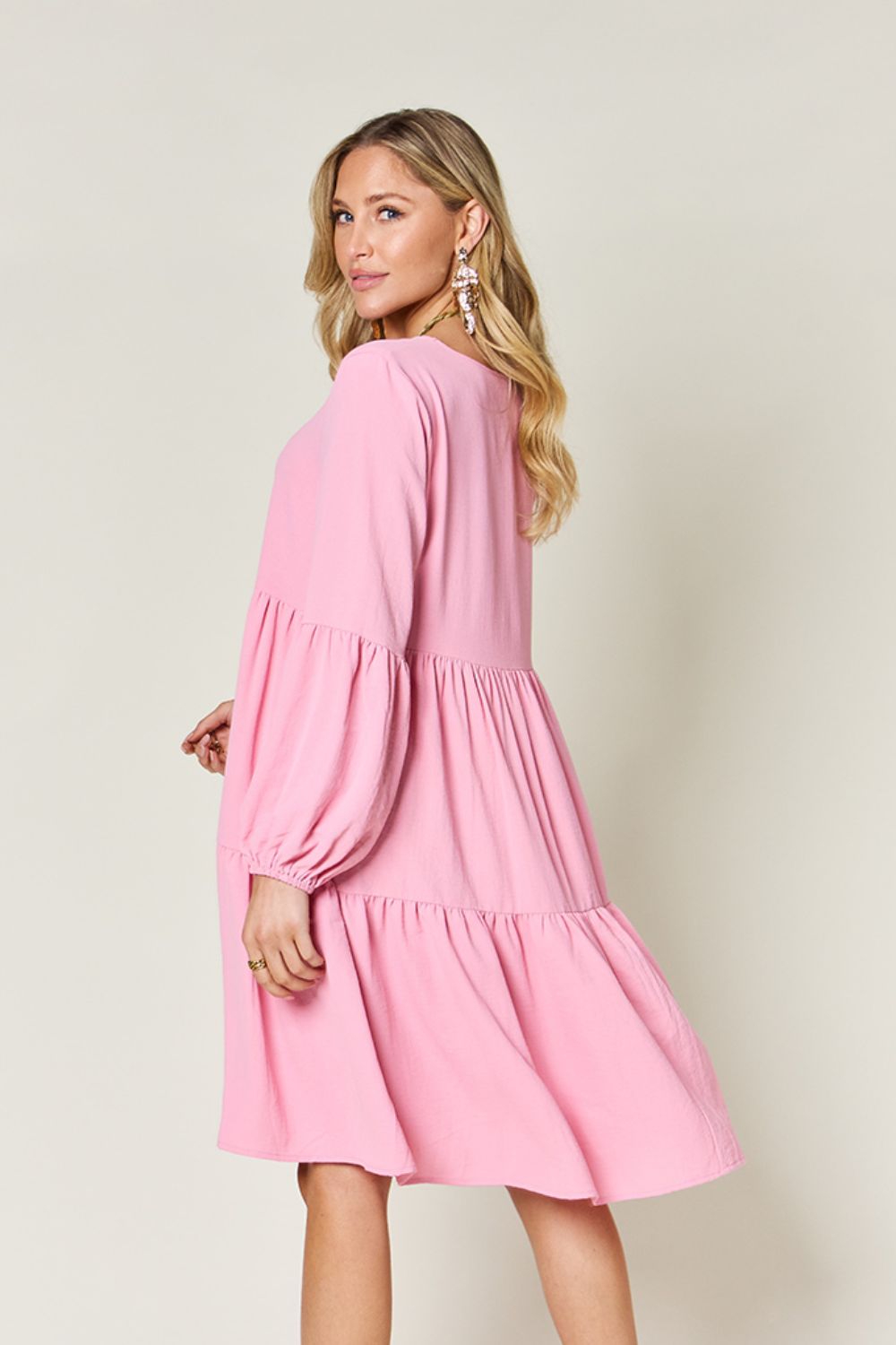 Double Take Full Size V-Neck Balloon Sleeve Tiered Dress-Dresses-Trendsi-Heathered Boho Boutique, Women's Fashion and Accessories in Palmetto, FL