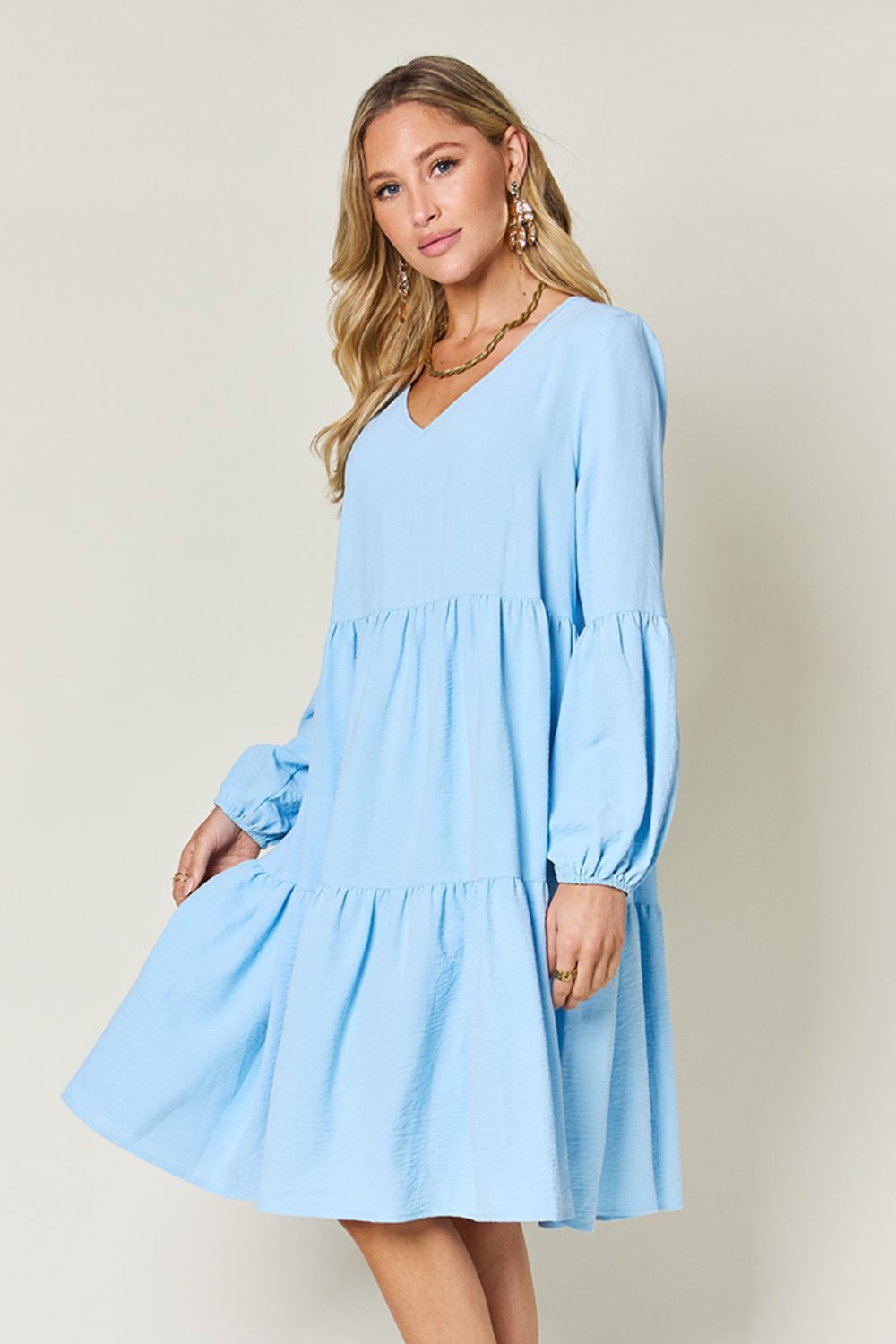 Double Take Full Size V-Neck Balloon Sleeve Tiered Dress-Dresses-Trendsi-Heathered Boho Boutique, Women's Fashion and Accessories in Palmetto, FL