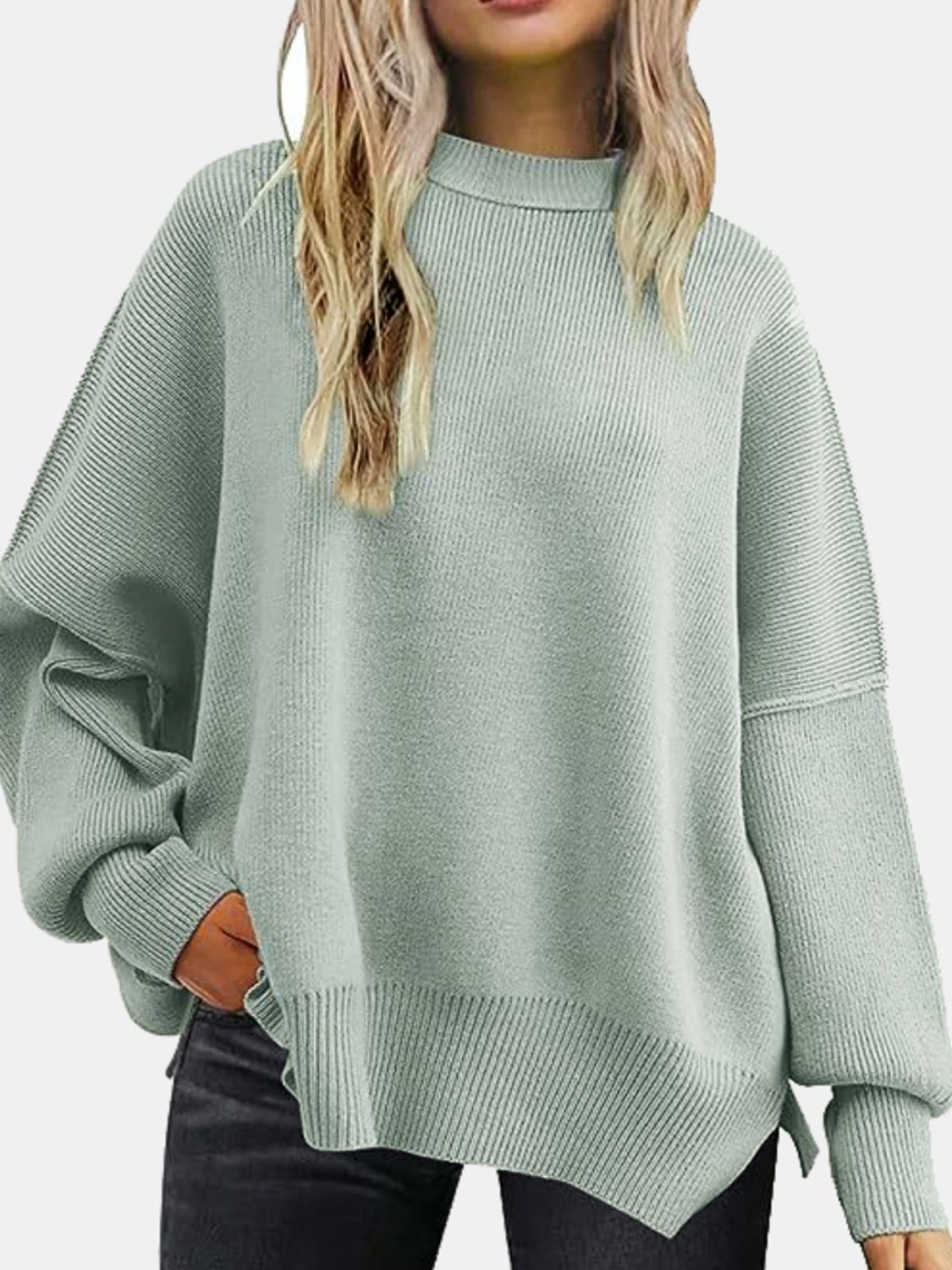 Round Neck Drop Shoulder Slit Sweater-Sweaters-Trendsi-Heathered Boho Boutique, Women's Fashion and Accessories in Palmetto, FL