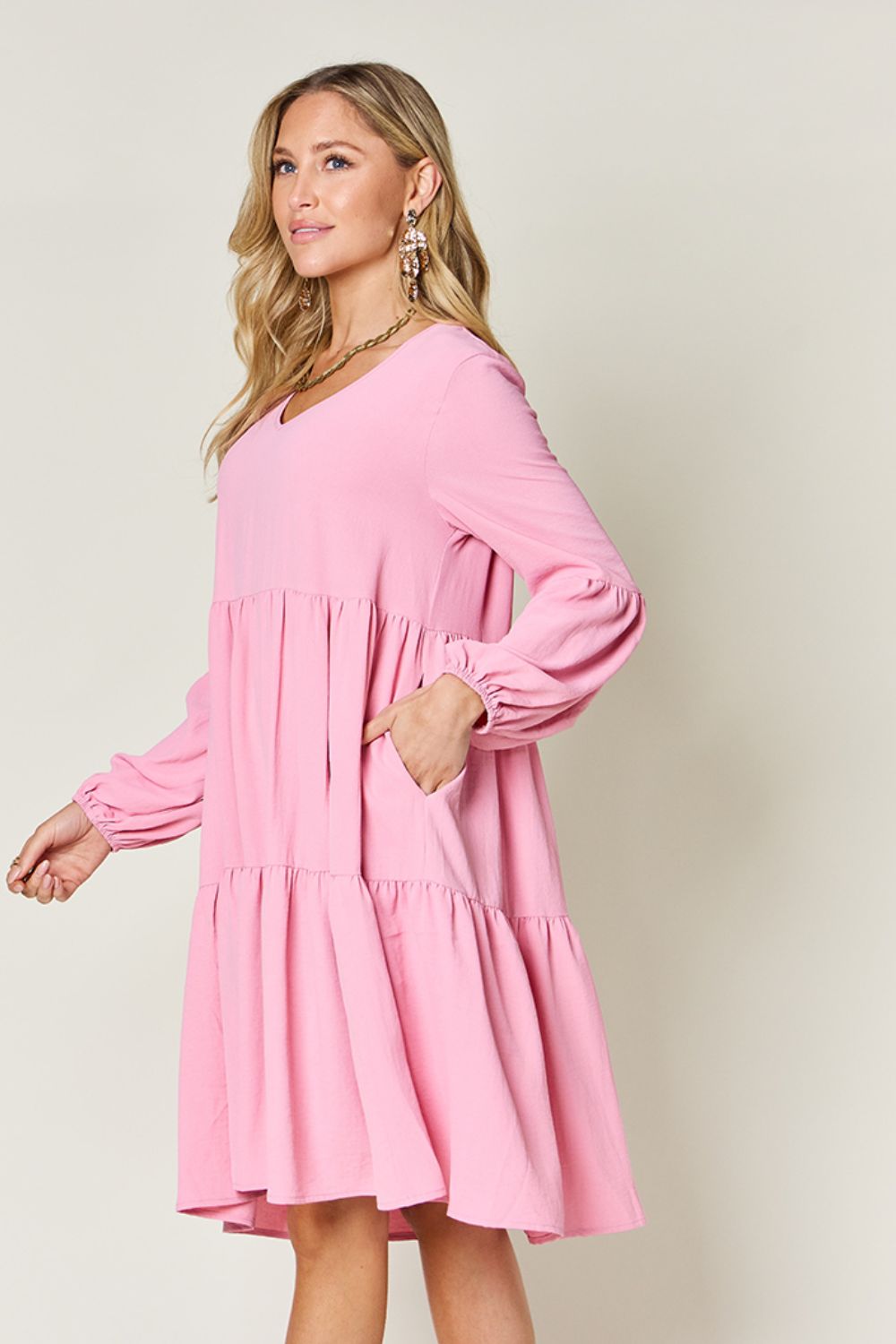 Double Take Full Size V-Neck Balloon Sleeve Tiered Dress-Dresses-Trendsi-Heathered Boho Boutique, Women's Fashion and Accessories in Palmetto, FL