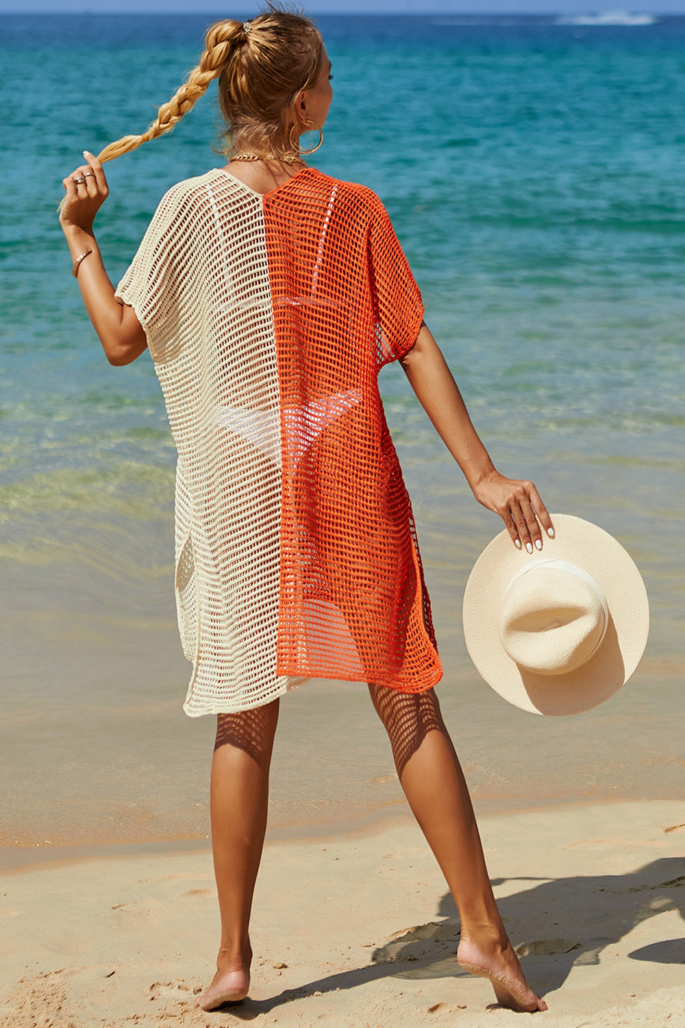 Openwork Contrast Slit Knit Cover Up-Trendsi-Heathered Boho Boutique, Women's Fashion and Accessories in Palmetto, FL