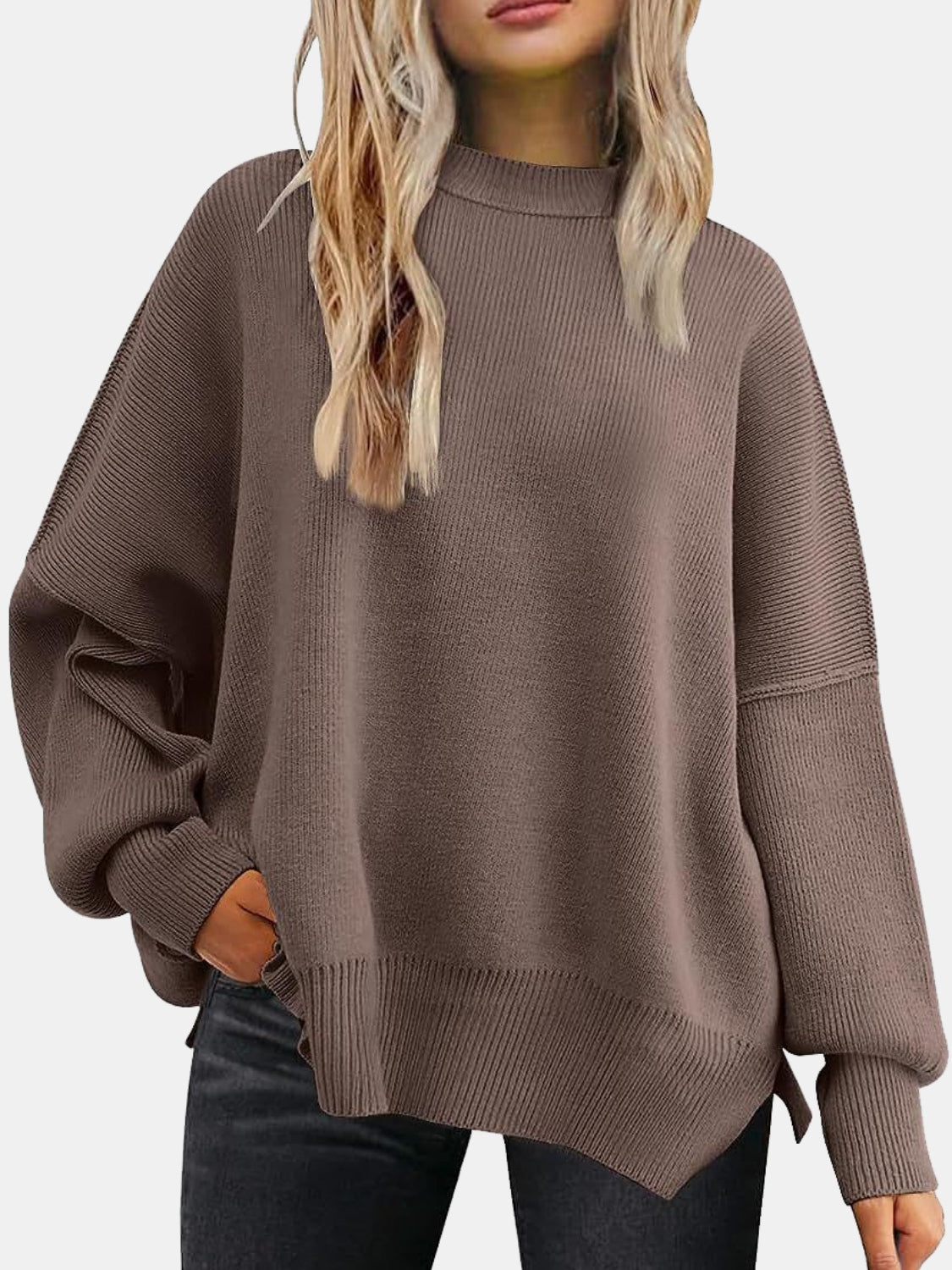 Round Neck Drop Shoulder Slit Sweater-Sweaters-Trendsi-Heathered Boho Boutique, Women's Fashion and Accessories in Palmetto, FL