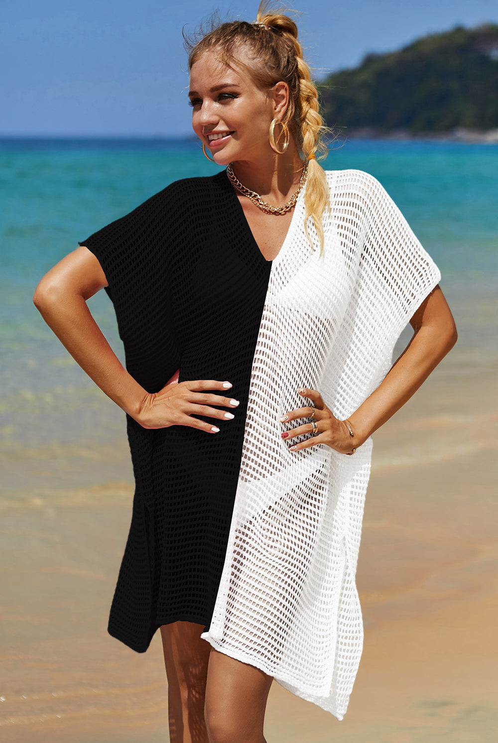 Openwork Contrast Slit Knit Cover Up-220 Cardigans/ Kimonos-Trendsi-Heathered Boho Boutique, Women's Fashion and Accessories in Palmetto, FL