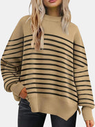 Round Neck Drop Shoulder Slit Sweater-Sweaters-Trendsi-Heathered Boho Boutique, Women's Fashion and Accessories in Palmetto, FL