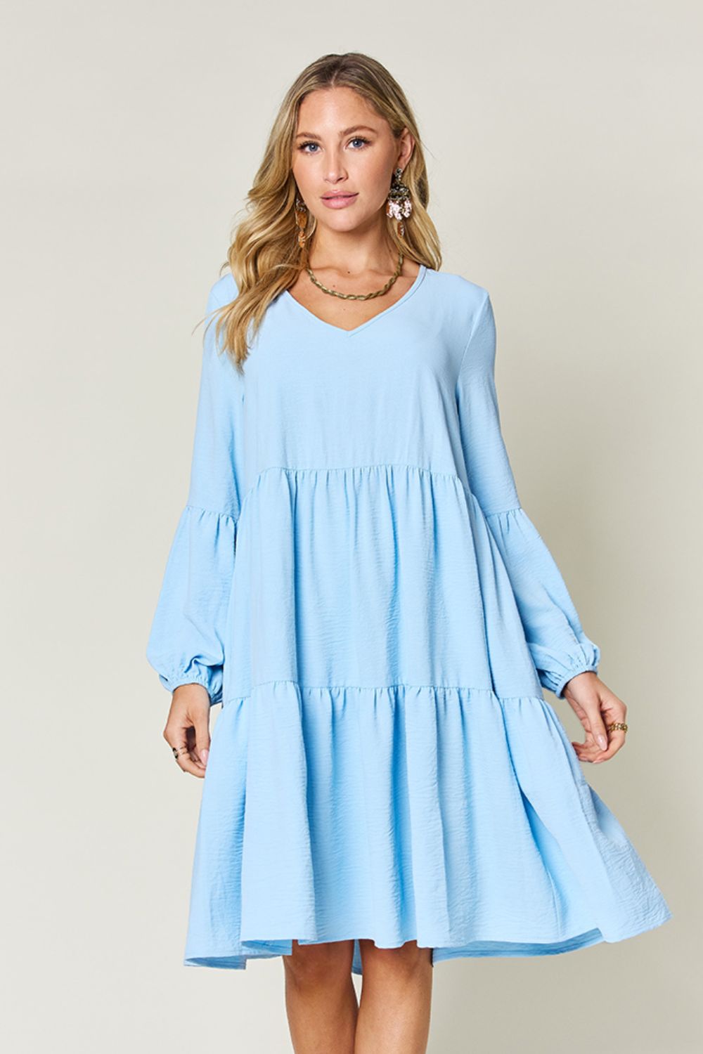 Double Take Full Size V-Neck Balloon Sleeve Tiered Dress-Dresses-Trendsi-Heathered Boho Boutique, Women's Fashion and Accessories in Palmetto, FL