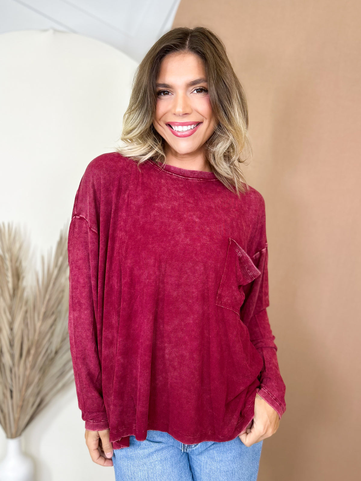 Everyday Haze Mineral Wash Top-120 LONG SLEEVE TOPS-ZENANA-Heathered Boho Boutique, Women's Fashion and Accessories in Palmetto, FL