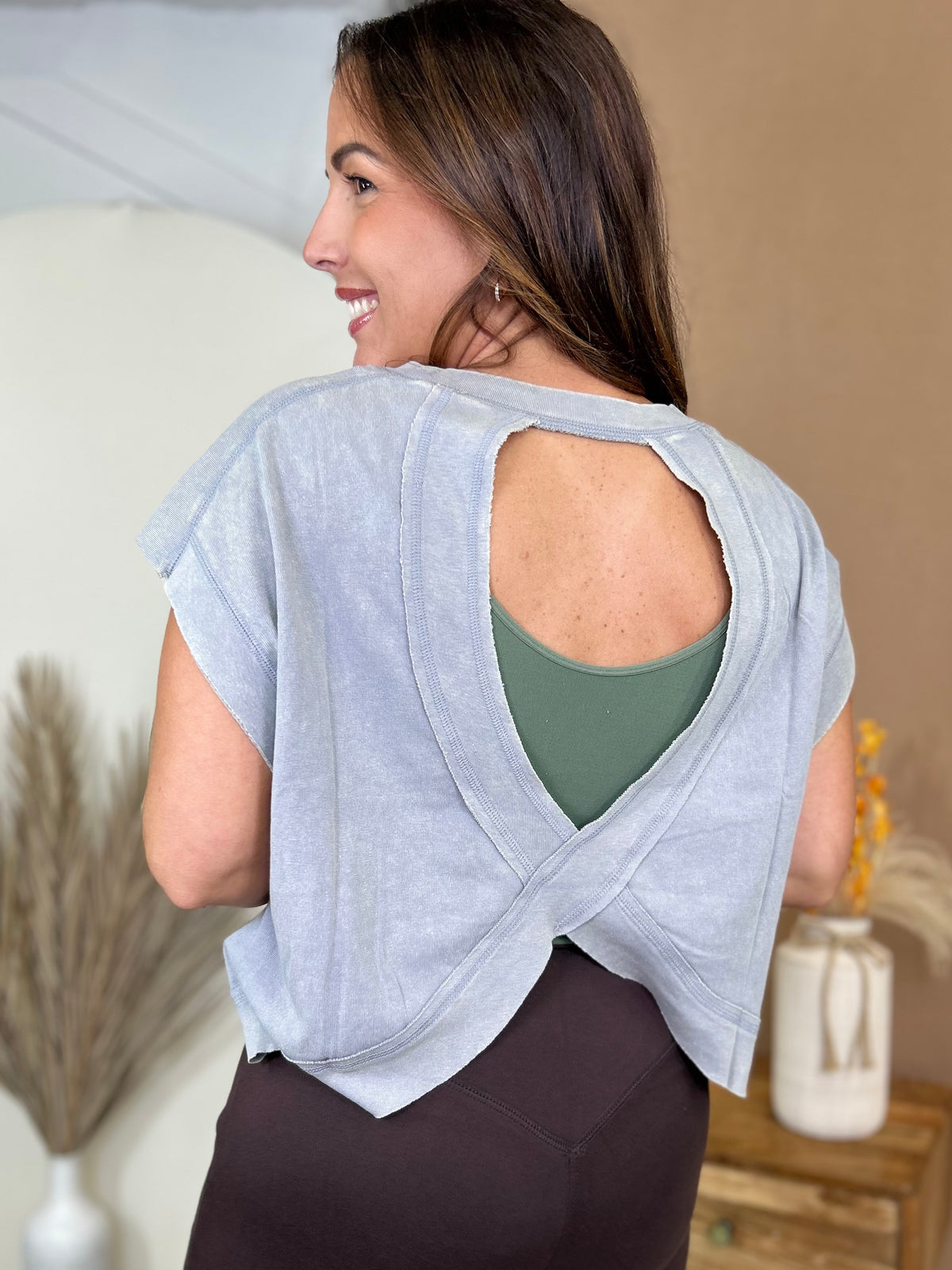 Back At It Washed Cross Back Crop Top-110 SHORT SLEEVE TOP-ZENANA-Heathered Boho Boutique, Women's Fashion and Accessories in Palmetto, FL