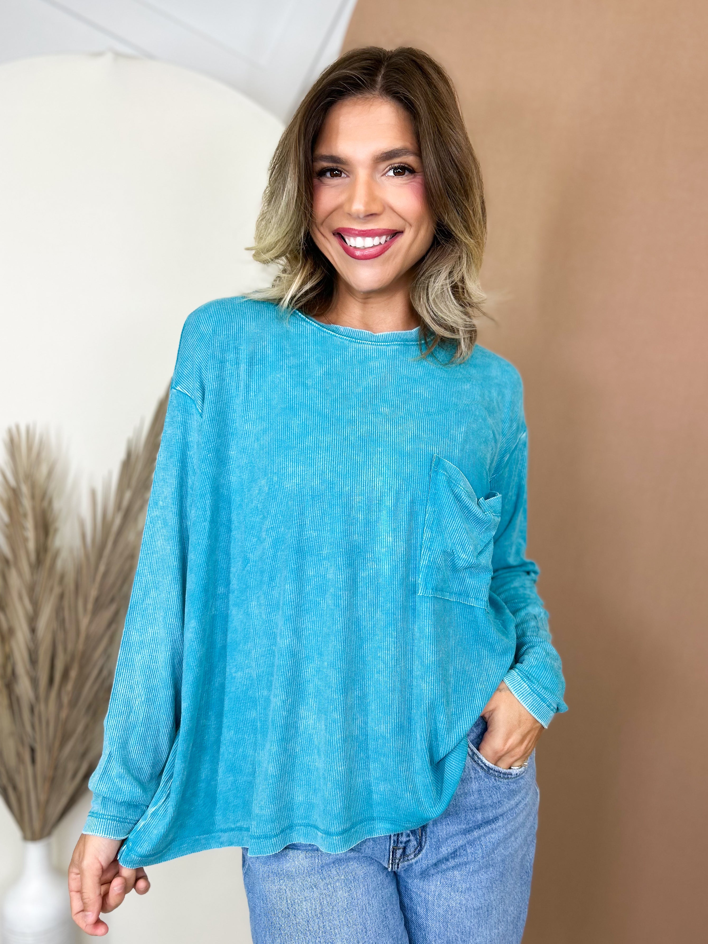 Everyday Haze Mineral Wash Top-120 LONG SLEEVE TOPS-ZENANA-Heathered Boho Boutique, Women's Fashion and Accessories in Palmetto, FL