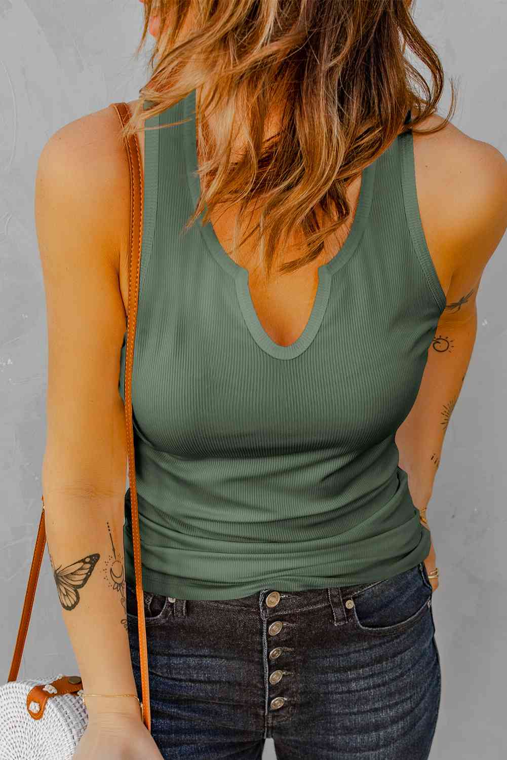 Notched Neck Ribbed Tank Top