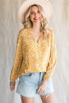 Double Take Printed Notched Neck Smocked Blouse-Trendsi-Heathered Boho Boutique, Women's Fashion and Accessories in Palmetto, FL