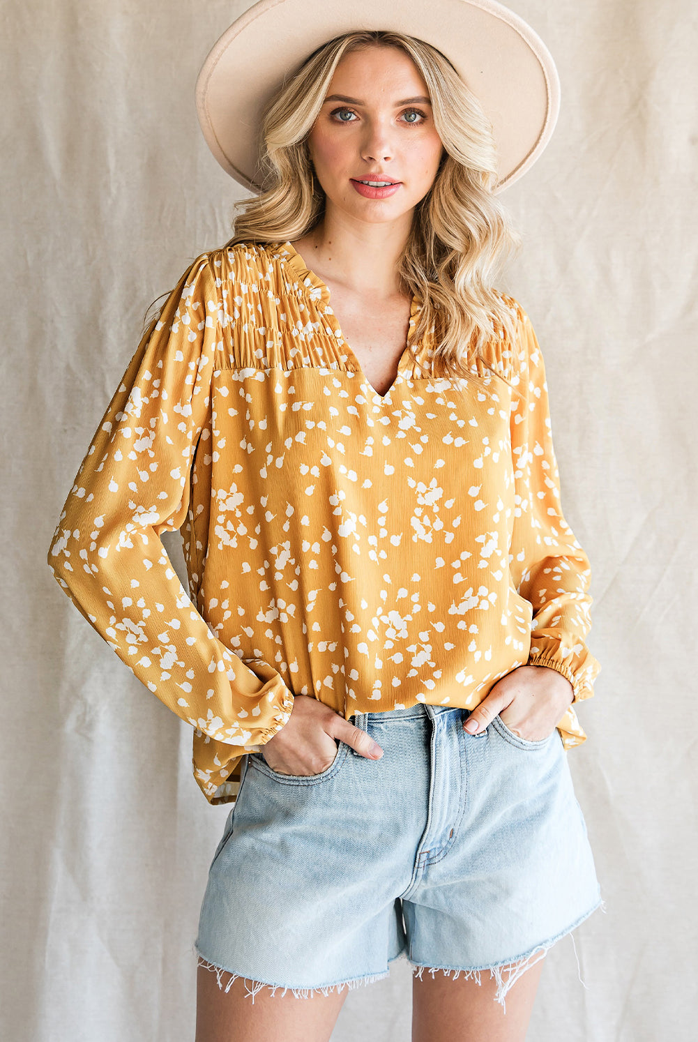 Double Take Printed Notched Neck Smocked Blouse-Trendsi-Heathered Boho Boutique, Women's Fashion and Accessories in Palmetto, FL