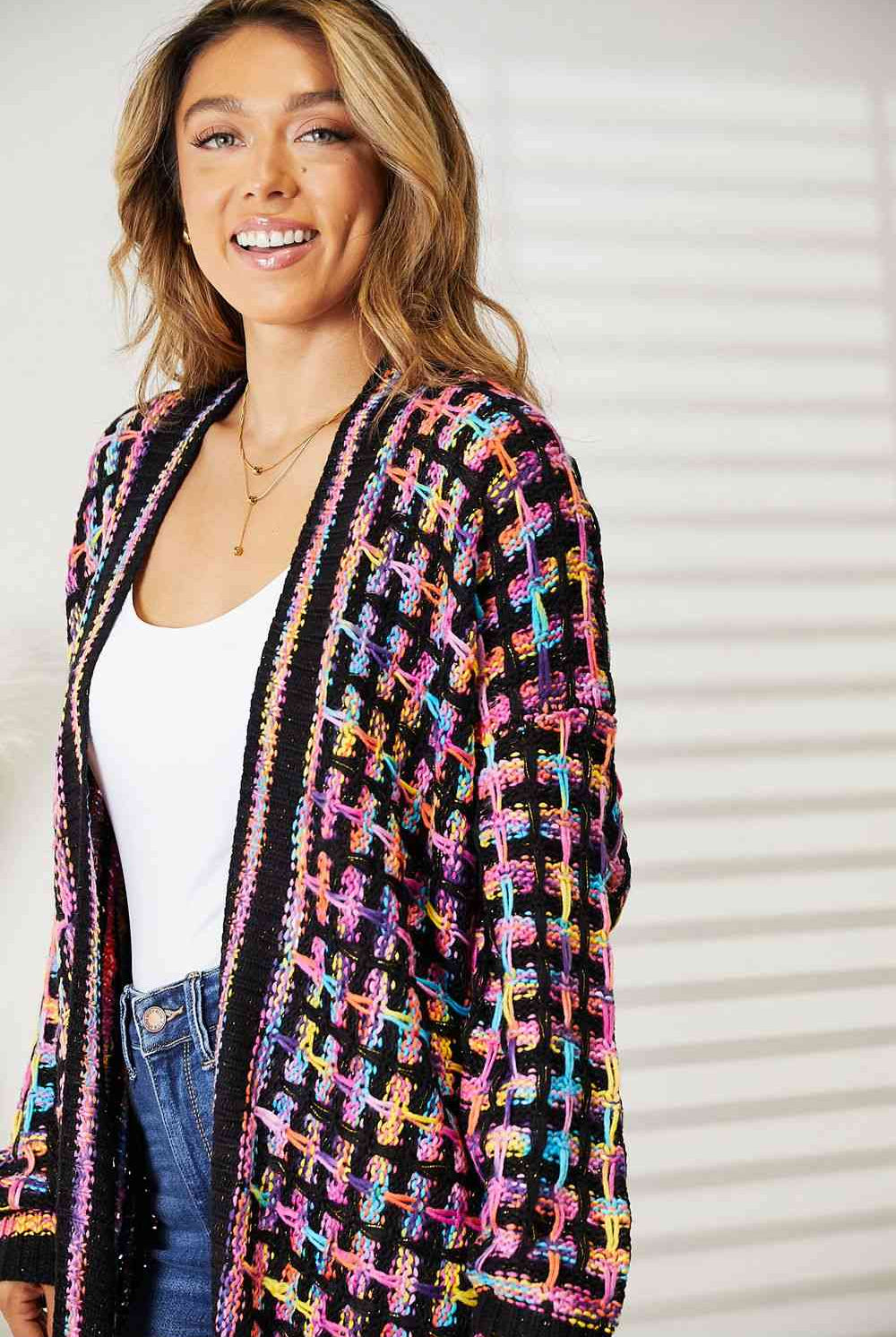 Double Take Full Size Multicolored Open Front Fringe Hem Cardigan-Cardigans + Kimonos-Trendsi-Heathered Boho Boutique, Women's Fashion and Accessories in Palmetto, FL